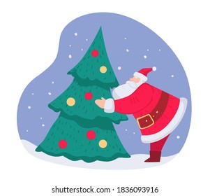 Grandfather frost decorating evergreen pine tree with decorative baubles outdoors. Santa claus with spruce on snowing weather outside. Christmas preparation and xmas celebration, vector in flat style