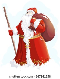 Grandfather Frost painted on a white background with a bag of gifts