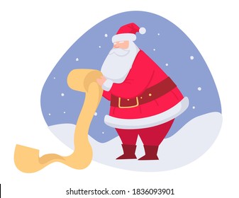 Grandfather frost reading list of wishes for xmas. Santa Claus with long scroll. Noel christmas celebration. Winter holidays and festive mood. Character in traditional costume, vector in flat style