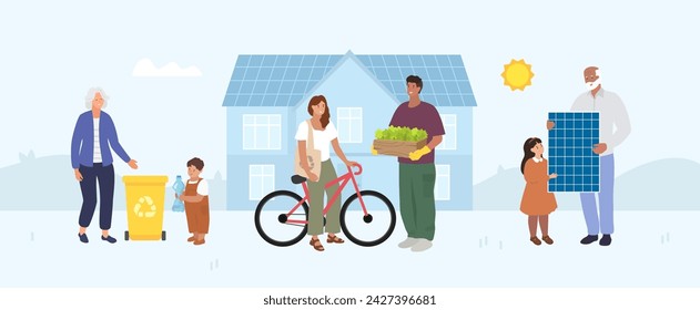 Grandfather and a girl installing solar panel. Dad grows own salad and mom uses a bicycle. Grandmother and a kid recycling garbage. SHOTLISTeco