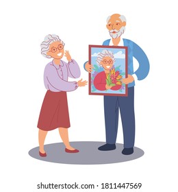 GRANDFATHER GIVES A GIFT TO GRANDMA - A PICTURE WITH HER PORTRAIT. CHARACTER DESIGNS  ISOLATED ON WHITE BACKGROUND