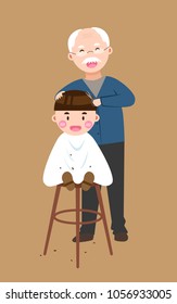 Grandfather gives his grandson a haircut, vector