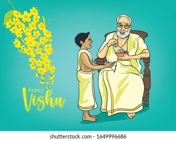 Grandfather giving 'kaineettam' during the occasion of vishu. Vector illustration