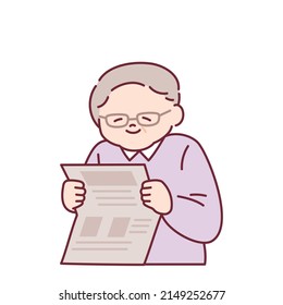 A grandfather in glasses is reading a newspaper. outline simple vector illustration.