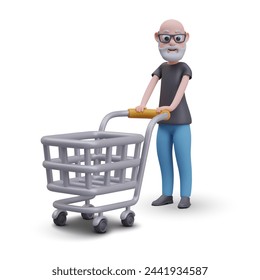Grandfather in glasses stands next to empty shopping cart. Elderly male character