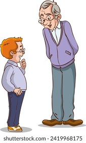 Grandfather and grandchild standing together and talking vector illustration.
