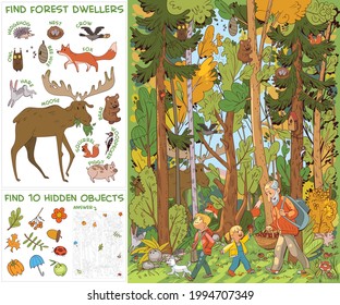 Grandfather and grandchildren and dog go to forest for mushrooms. Find all animals in picture. Find 10 hidden objects in picture. Puzzle Hidden Items. Funny cartoon character. Vector illustration. Set