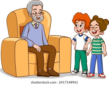 Grandfather and grandchildren sitting in armchair. Vector illustration of a cartoon grandfather and grandchildren.