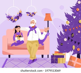 Grandfather and granddaughter celebrating Christmas. Grandpa gives gift to girl. New Year wreath, Christmas tree with balls decorations. Family celebration concept. Vector character illustration
