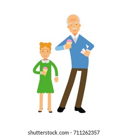 Grandfather and granddaughter characters eating ice cream together colorful vector Illustration