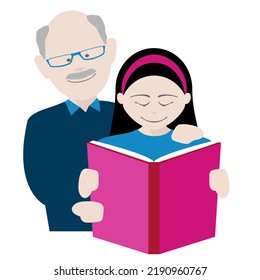grandfather and granddaughter enjoying reading a book together. EPS file available
