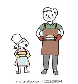 Grandfather and granddaughter holding a tray of freshly baked bread. Smiling mature man and little girl with aprons carrying homemade breads. Little chef and her granddad baking bread together.
