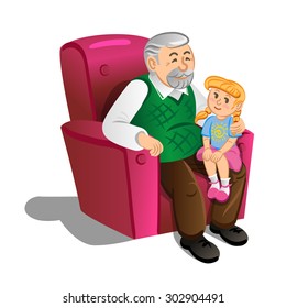 Grandfather with granddaughter. Illustration in cartoon style, vector