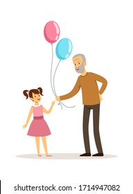 Grandfather and granddaughter. Old man gives balloons happy little girl. Birthday card, family gift or time with grandparents vector illustration