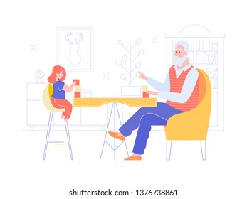 Grandfather And Granddaughter Play Together. Educational Activities, Babysitting, Happy Family. Vector Characters In The Interior: Sitting In Chairs At The Table In The Room.