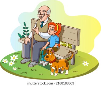 grandfather and granddaughter sitting on bench