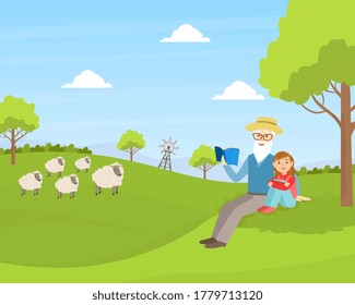 Grandfather with Granddaughter sitting on Green Lawn and Reading Book, Grandparent and Grandchild Having Good Time Together at Sunny Summer Day Cartoon Vector Illustration