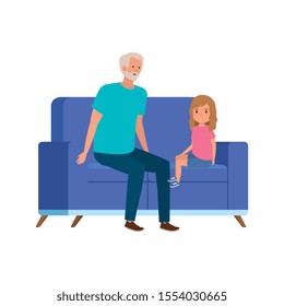 grandfather with granddaughter sitting in sofa vector illustration design