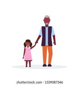 grandfather and granddaughter standing together old senior african american man holding hand little girl child family concept isolated full length flat