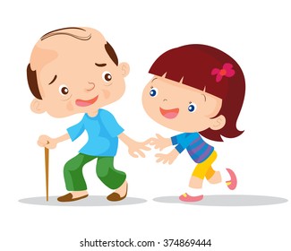 Grandfather and granddaughter. Vector flat illustration