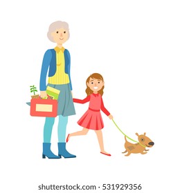 Grandfather And Granddaughter Walking The Dog, Part Of Grandparent And Grandchild Passing Time Together Set Of Illustrations