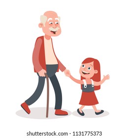 Grandfather and granddaughter walking and speaking, he takes her by the hand. Cartoon style, isolated on white background. Vector illustration.