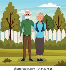 Grandfather and grandmother couple in park with nature cartoon vector illustration