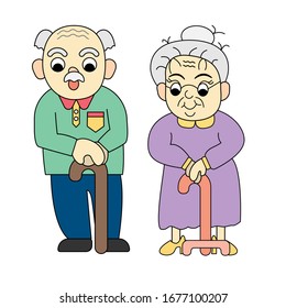 Grandfather and grandmother Crutches Elderly. Old senior man and woman standing or walking. Aged gray haired couple. Health care and Ageing Society concept. flat cartoon design. Vector, illustration.