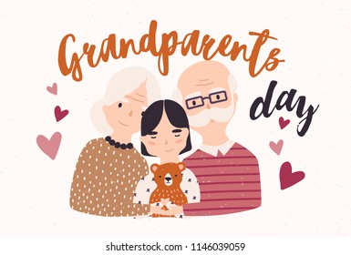 Grandfather and grandmother cuddling with grandchild. Embracing granddad, grandma and granddaughter. Loving family. Colored vector illustration in flat cartoon style for Grandparents Day postcard