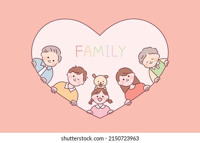 Abuelo, abuela, papá, mamá, hija y perro sonriendo con sus caras detrás de un marco cardíaco. ilustración simple del vector de esquema.