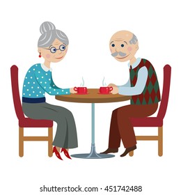 Grandfather and grandmother drink tea.Cartoon elderly couple drinking tea at the table
