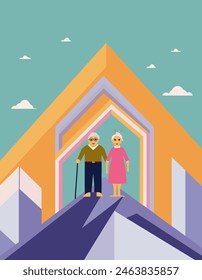 Grandfather and grandmother, elderly people with sticks walking at park together, bench and trees with sky and clouds, isolated on vector illustration