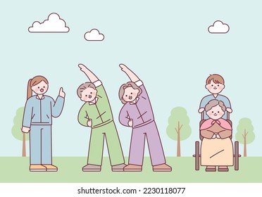 Grandfather and grandmother are enjoying healthy old age. A person doing gymnastics and a person resting in a wheelchair. outline simple vector illustration.