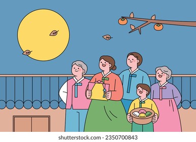 Un abuelo, abuela, padre, madre e hijo con trajes tradicionales coreanos están haciendo un deseo mientras ven la luna llena. ilustración simple del vector de esquema.