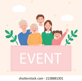 Grandfather, grandmother, father, mother and daughter are smiling happily. flat design style vector illustration.