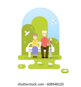 Grandfather and grandmother feed the birds on the Park. Vector flat illustration