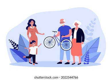 Grandfather and grandmother giving their grandson bicycle. Flat vector illustration. Mom and son rejoicing at gift from older family members. Surprise, gift, birthday, childhood, family concept