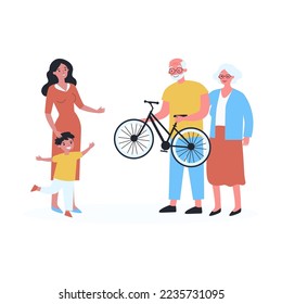 Grandfather and grandmother giving their grandson bicycle. Flat vector illustration. Mom and son rejoicing at gift from older family members. Surprise, gift, birthday concept