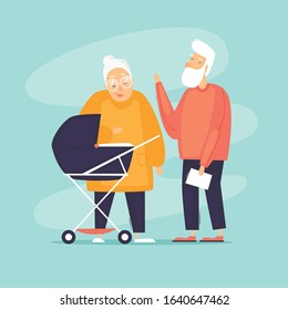 Grandfather and grandmother with grandchildren. Generation. Flat design vector illustration.