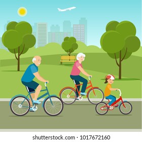 Grandfather, grandmother and granddaughter riding a bicycle in park. Vector flat style illustration
