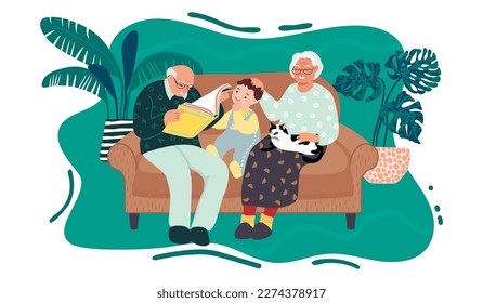  Grandfather, grandmother and grandson are reading a book together.Happy characters are sitting on the sofa with a cat and house plants.Communication between generations.Vector flat illustration.