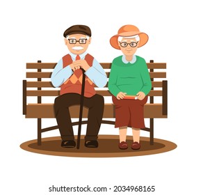 Grandfather and grandmother with gray hair are sitting on a bench. Elderly man with glasses. Elderly woman. Crutch. Cap Street Walk. Flat style. Isolation on a white background. Vector illustration