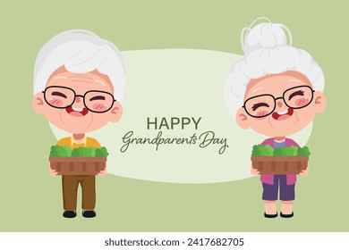 Grandfather and Grandmother growing plant in the farm organic. cartoon vector chibi style. Happy Grandparents day.