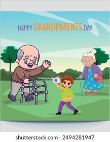 Grandfather and Grandmother are Happy to Meet Their Grandson in Front of their Suburbs House. Grandparents Spending the Weekend with Kids, Enjoying Family Time with Grandchild. Happy Grandparents Day.