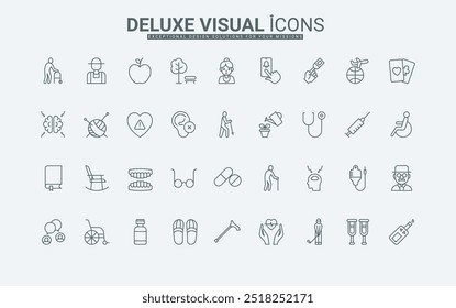 Grandfather and grandmother hobby, help of nurse thin black outline symbols vector illustration. Senior people care, medical service and recovery, leisure of retirement line icons set.
