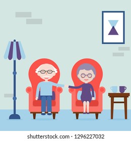 Grandfather and grandmother hold hands and sitting in armchair. Feel love always. The elderly happy and love. Vector illustration. 