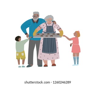 Grandfather and grandmother is holding tray with self-baked cookies and give them to their grandchildren. Isolated on white background. Vector illustration