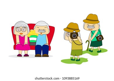 Grandfather and grandmother indoor activities,red sofa seating eat popcorn.
 Watch movies,listen to music or watch operas. Outdoor Activities,walk in the forest and nature photography. ESP10