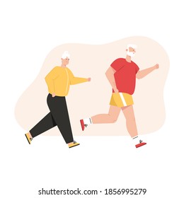 Grandfather and grandmother jogging. Elderly couple running, doing exercise, spending time together. Vector character illustration of grandparents active lifestyle, sports activity for old people