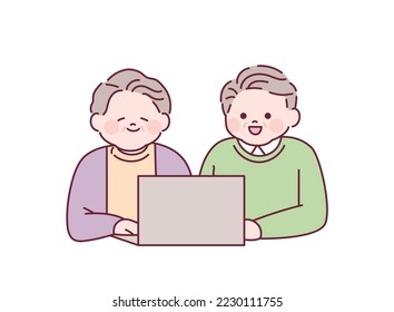 Grandfather and grandmother are learning computer. outline simple vector illustration.